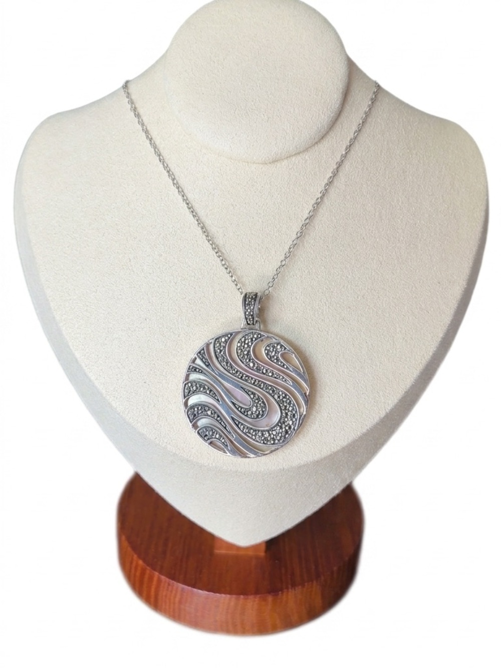 THALA 925 Sterling Silver Marcasite & Mother of Pearl Swirl Pendant Necklace